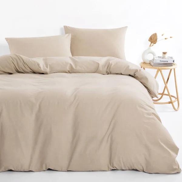 Wake in Cloud - Cotton Quilt Cover Set, 100% Washed Cotton Doona Duvet Cover Bedding Set, 3 Pieces, Khaki, Queen Size