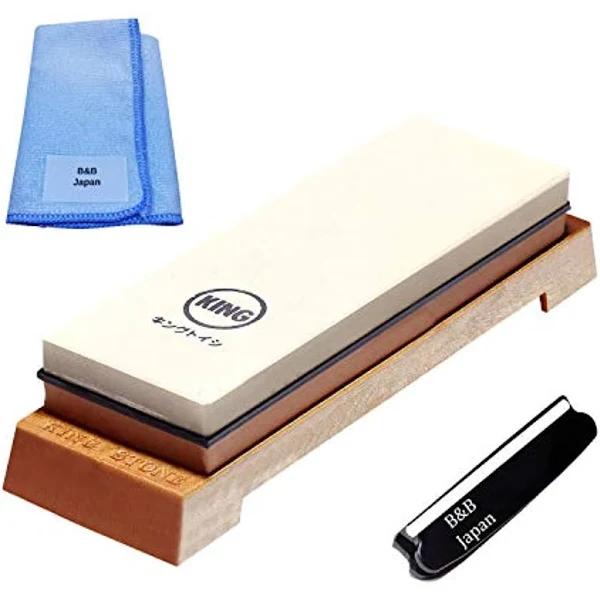 King Whetstone Starter Set Include 1000/6000 Grit Combination Whetstone Made in Japan, Knife Angle Holder, B&B Japan Original Wiping Cloth and