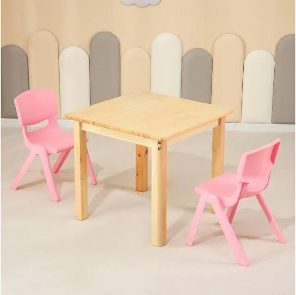 60cm Square Wooden Kids Table and 2 Pink Chairs Childrens Desk Pinewood Natural