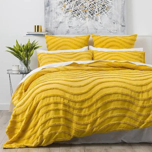 Cloud Linen Wave 100% Cotton Chenille Vintage Washed Tufted Quilt Cover Set - Mustard Super King