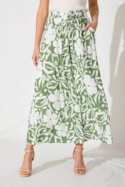 Women's Casual Polly Pant in Green and White Print