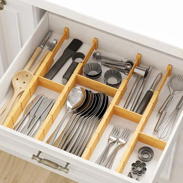 SpaceAid Bamboo Drawer Dividers with Inserts and Labels, Kitchen Adjustable Drawer Organizers, Expandable Organization for Home, Office, Dressers