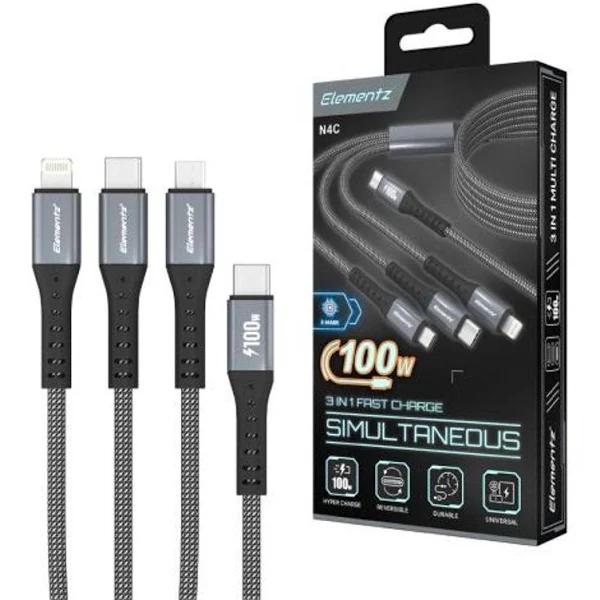 Elementz N4C 30cm Type-C to Type-C / Lightning / Mirco 3in1 Cable - ( Black)