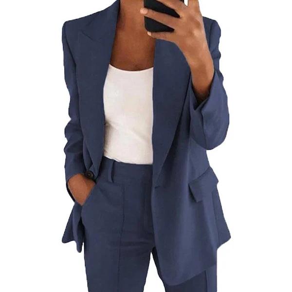 Yynuda Womens 2pce Light Suit Blazer+trousers Dark Blue L