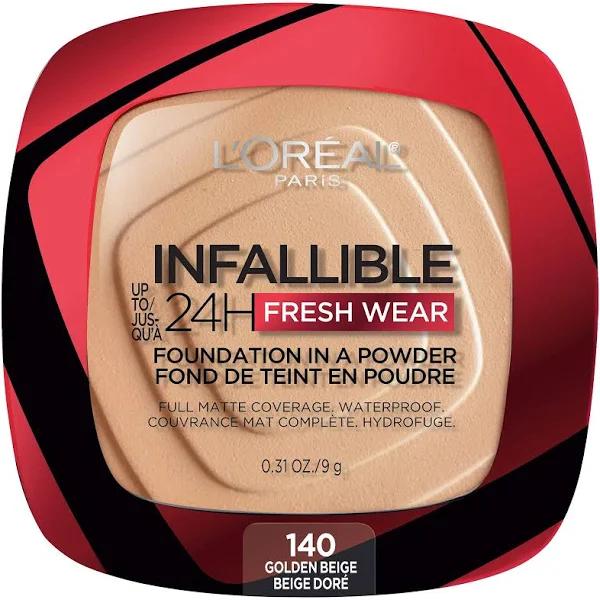 L'Oreal Paris Makeup Infallible Fresh Wear Foundation in A Powder, Up to 24H Wear, Waterproof, Golden Beige, 0.31 oz.