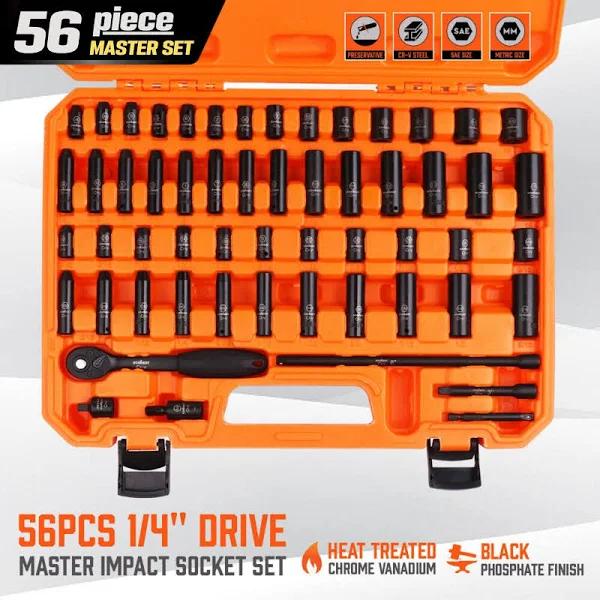 56 Piece 1/4" Drive Master Deep Impact Socket Set | Metric & Imperial with Extension Bar