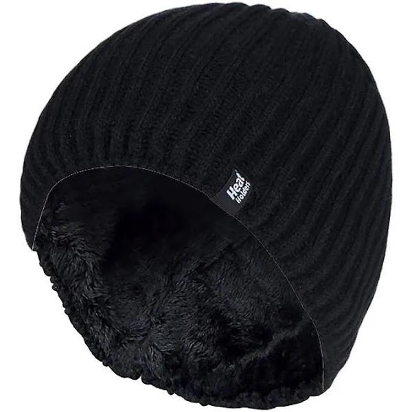 Heat Holders Mens Fine Ribbed Fleece Lined Thermal Beanie Hat Black One