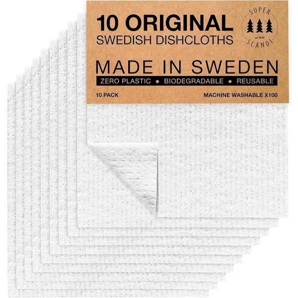 SUPERSCANDI White 10 Pack Swedish Dishcloths for Kitchen Reusable Compostable Towels Made in Sweden Cellulose Sponge Dish Cloths for Kitchen