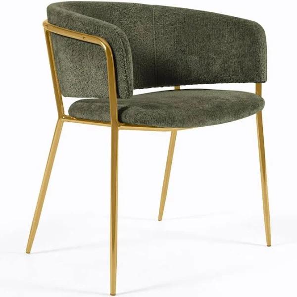 Runnie Chair in Dark Green Chenille with Steel Legs and Gold Finish Kave Home