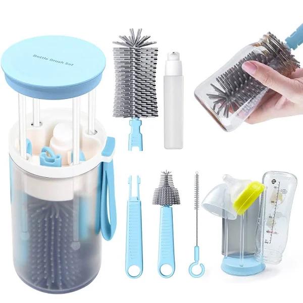 Merystar Travel Bottle Cleaner Kit, Baby Bottle Brush Set with Extendable Liquid Silicone Brush, Nipple Brush, Straw Brush, Drying Rack, Bottle Soap