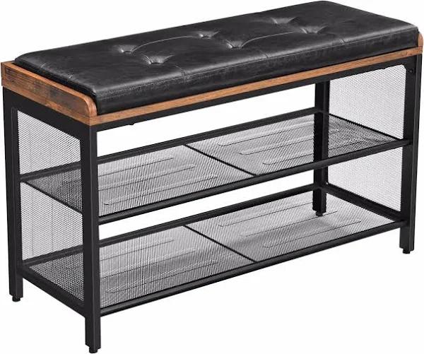 VASAGLE Shoe Bench Padded Bench With Mesh Shelf Shoe Rack Brown Black