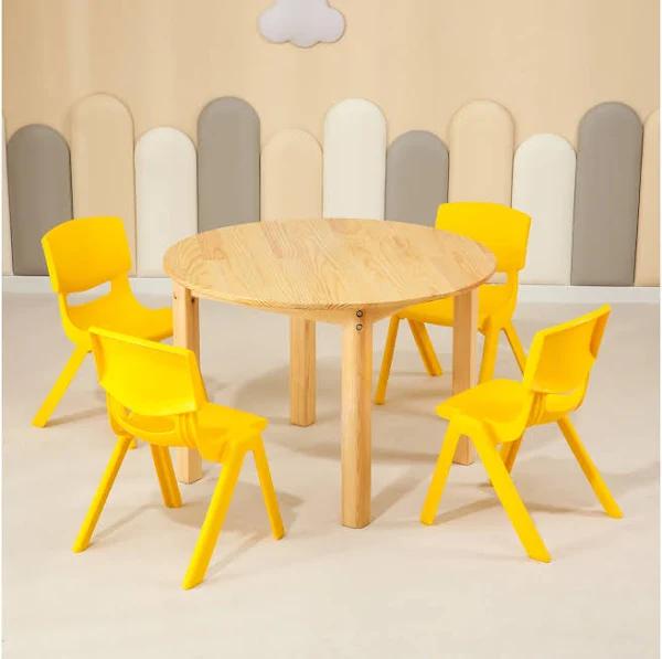 80cm Round Wooden Kids Table and 4 Yellow Chairs Set Pinewood Timber Childrens Desk