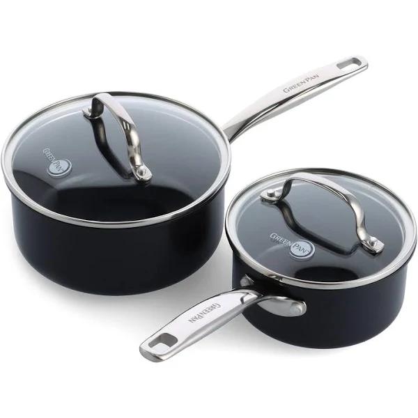 GreenPan Prime Chatham 1qt & 2QT Saucepan Pot Set with Glass Lids, Hard Anodized Diamond Infused Ceramic Nonstick, PFAS-Free, Dishwasher Safe, Oven