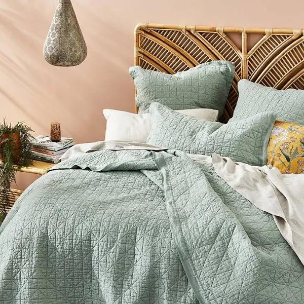 Vintage Washed Linen Eucalyptus Quilted Coverlet Separates - Queen/King