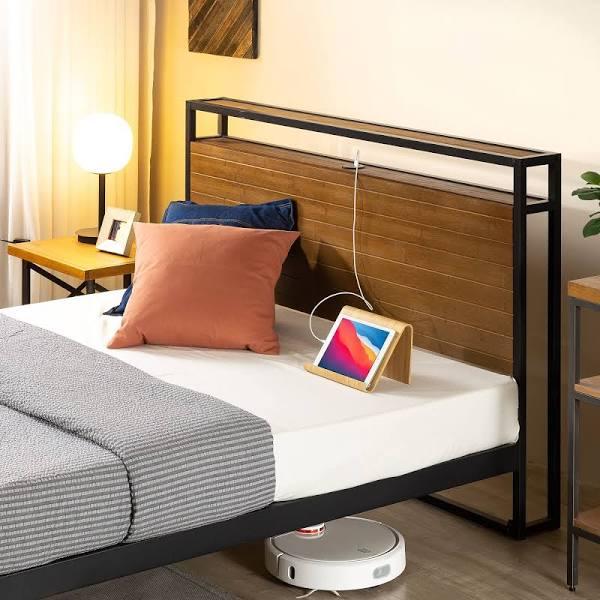 Zinus Ironline Metal & Bamboo Bed Frame With Headboard Shelf & USB Port - King