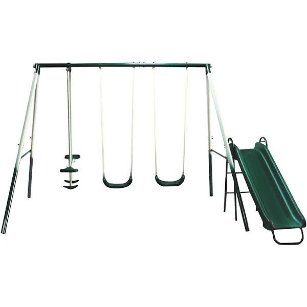 Outdoor Kids Swing Set With Slide, 2 Swing Seats, Glider Swing, The Heavy Duty Steel Backyard Playset For Playground Garden Chlidren Play