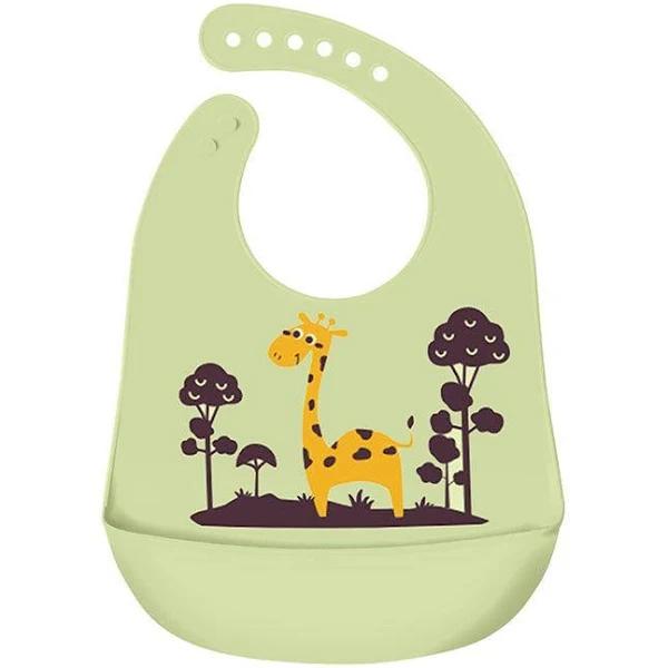 Baby Feeding Bib Apron Smock Silicon Waterproof Easy Clean 0-6 Kid Toddler Pouch - Giraffe