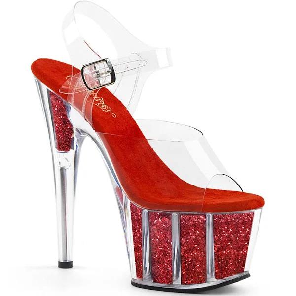 Pleaser ADORE-708G Clear/Red Glitter Inserts Platform Sandal Size 5