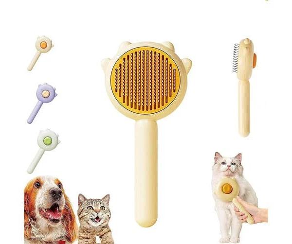 Magic Pet Comb, Pet Hair Cleaner Brush, Cat Grooming Brush With Release Button, Cat Brush, Self Cleaning Slicker Comb (Yellow)