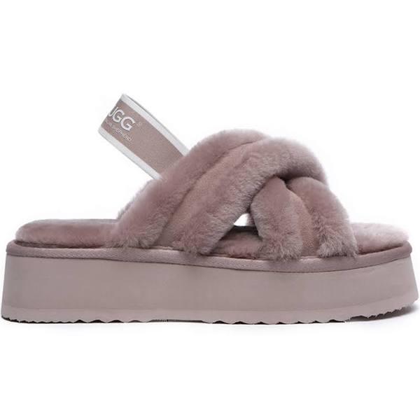 As UGG Women High Platform Cross-Over Fluffy Slides Aditi