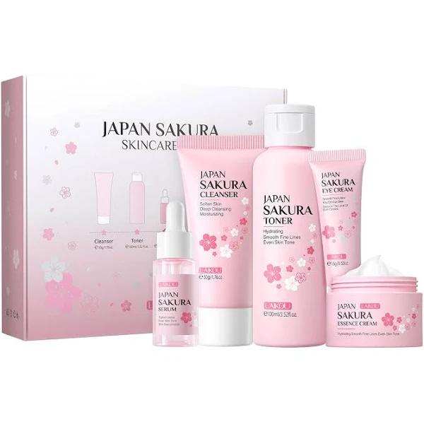 LAIKOU Skin Care Set Japan Sakura Women Beauty Gift Sets Skin Care Kit with Cleanser, Toner, Serum, Eye Cream, Face Cream Travel Kit for Women Teen