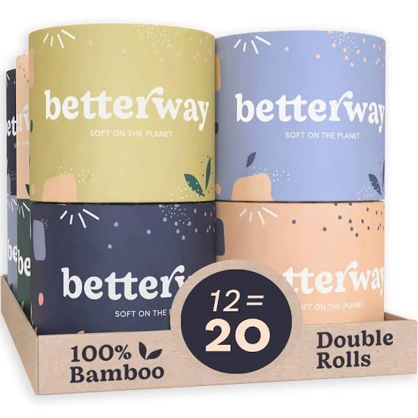 Betterway Bamboo Toilet Paper 3 Ply - Eco Friendly, Sustainable Toilet Tissue - 12 Double Rolls & 360 Sheets Per Roll - Septic Safe - Organic,