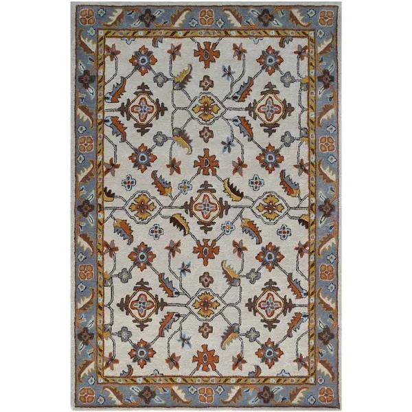 Handmade Floral Wool Rug - Kashan1- Cream/Grey - 110x160cm