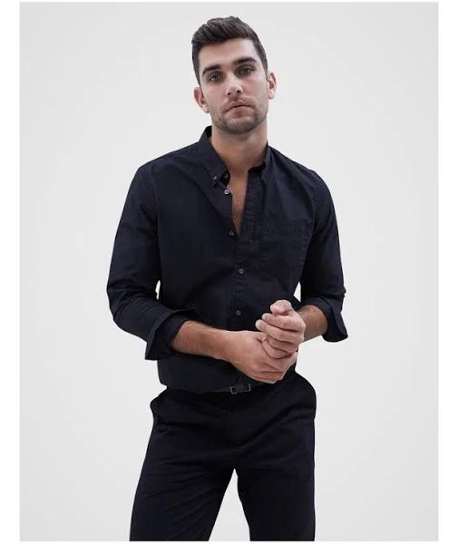 Unison Oxford Regular Fit Shirt in Black XS