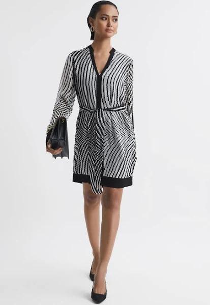 Reiss Tia - Black/White Check Belted Mini Dress, 4