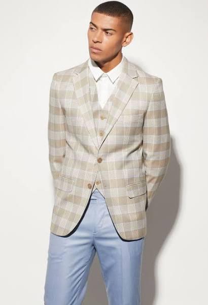 Mens Light Blue Slim Single Breasted Check Suit Jacket