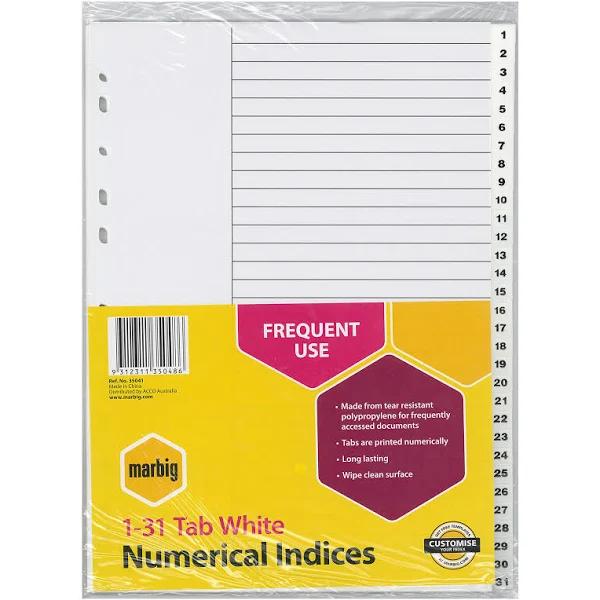 Marbig Indices & Dividers 1-31 Tab Pp A4 White