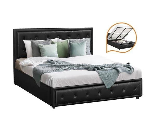 Oikiture Bed Frame Queen Size Gas Lift Base with Storage Black Leather - AfterPay & zipPay Available