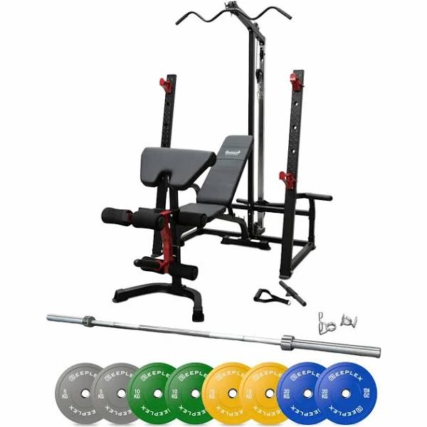 Impact Fitness Squat Rack Lat Pulldown + Adjustable Bench + 120kg Olympic Pro Coloured Bumper Weight Set