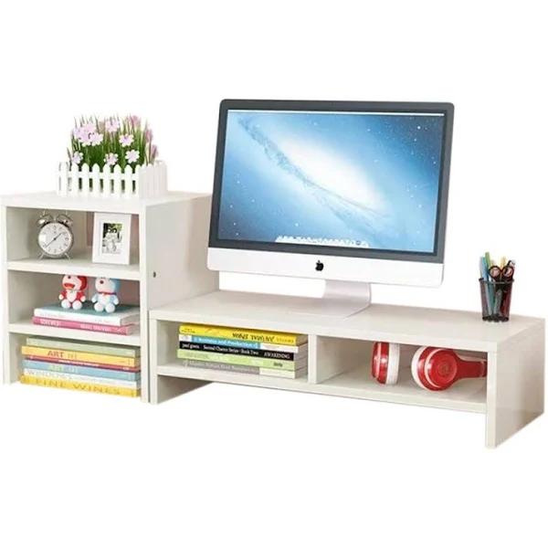 Wooden Desk Monitor Riser Stand with 3Tier Storage Shelves Desktop Bookshelf White Wood (Style 02)