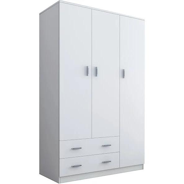 White Wardrobe Cabinet Wood Bedroom Clothes Storage Organiser Cupboard 3 Doors 2 Drawers