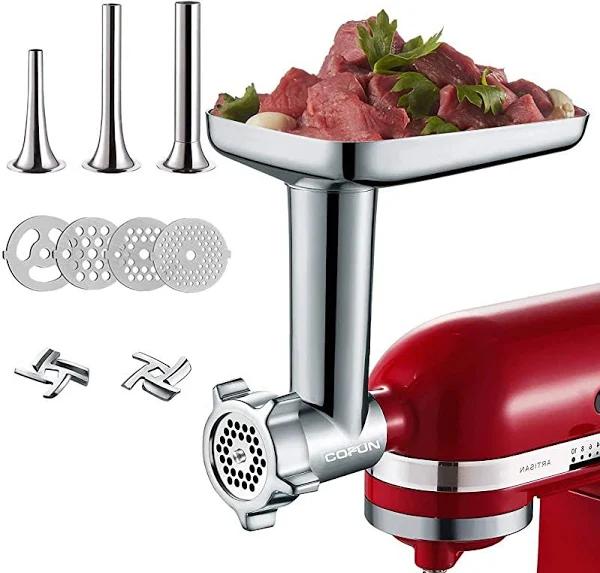 Metal Food Grinder Attachments for KitchenAid Stand Mixers, Attachment Included 3 Sausage Stuffer Tubes, 2 Grinding Blades, 4 Grinding Plates