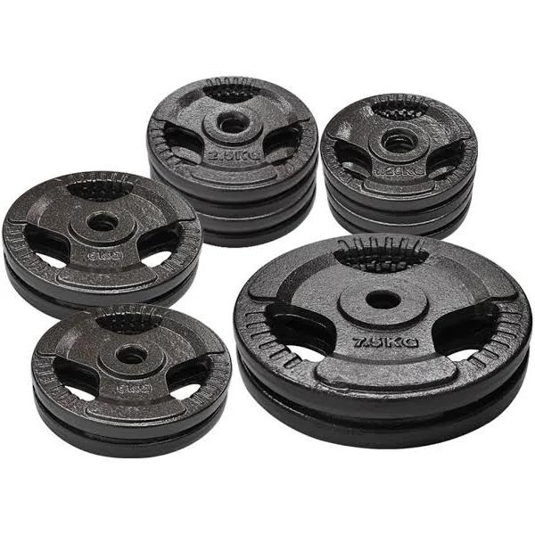 Total 50kg - 1.25kgx4 + 2.5kgx4 + 5kgx4 + 7.5kgx2 - Standard 26.5mm Triple Handle Cast Iron Weight Plate