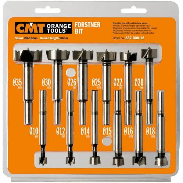 CMT 537.000.12 12-Piece Forstner Bit Set, 10-12-14-15-16-18-20-22-25-26-30-35mm Diameters, 8-10mm Shank