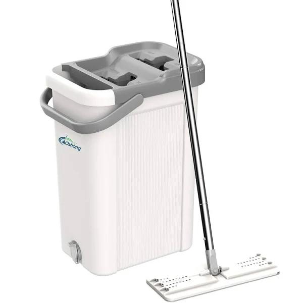 oshang Flat Floor Mop and Bucket Set For Home Floor Cleaning Hands Free Floor Flat Mop Stainless-Steel Handle 4 Washable & Reusable Microfiber Pads