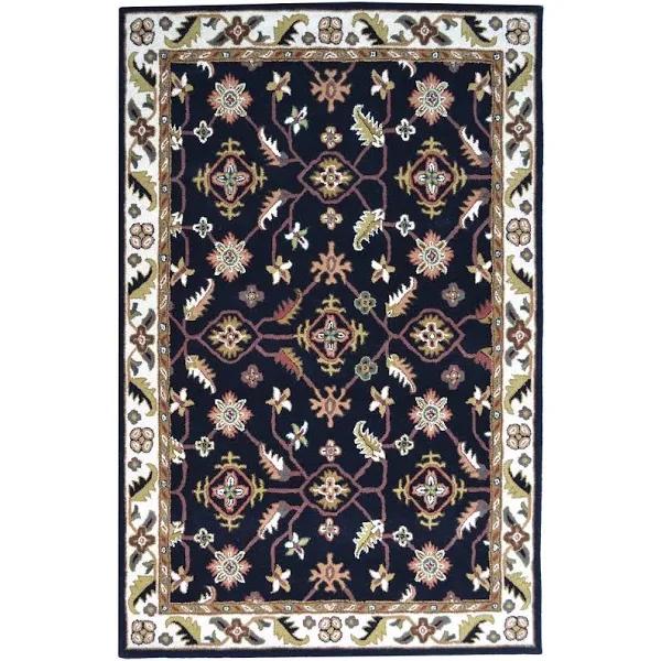 Handmade Floral Wool Rug - Kashan1- Black/Cream - 160x230cm