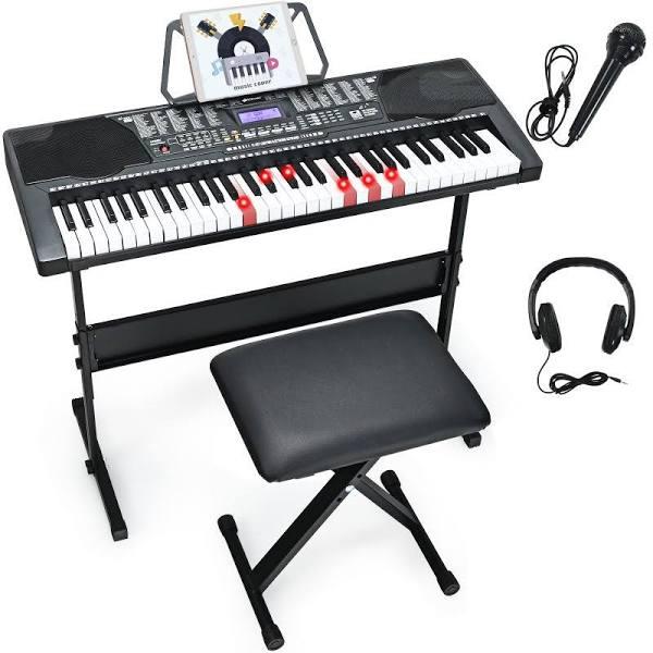 Costway 61 Lighted Keys Electronic Piano Keyboard Digital Piano w/Music Holder & Stool,50 Demos,USB Port