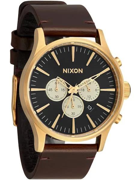 Nixon Sentry Chrono Leather Analog Watch - Gold / Indigo / Brown