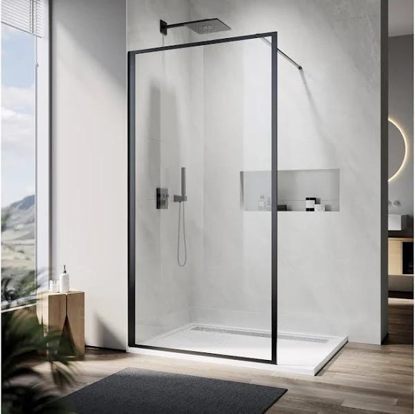 Elegant 1000x1900mm Walk-in Shower Screen Black Frame Fixed Panel 10mm Toughened Glass with 1200x900mm Shower Base