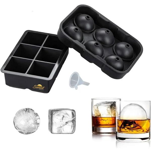 Sunset Silicone Ice Cube Trays – Set of 2 Large Ice Cube Molds + Funnel | Square Ice Tray & Sphere Ice Ball Maker For Freezer | Reusable BPA Free