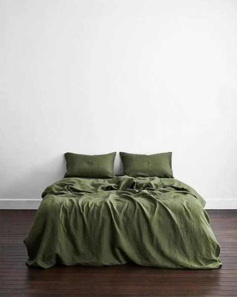 Olive Stripe 100% Flax Linen Bedding Set - Double - Bed Threads