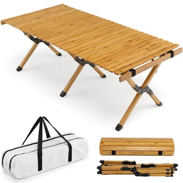 Costway Portable Egg Roll Camping Table Folding Bamboo Picnic Table Camping Table Outdoor w/Carry Bag Natural