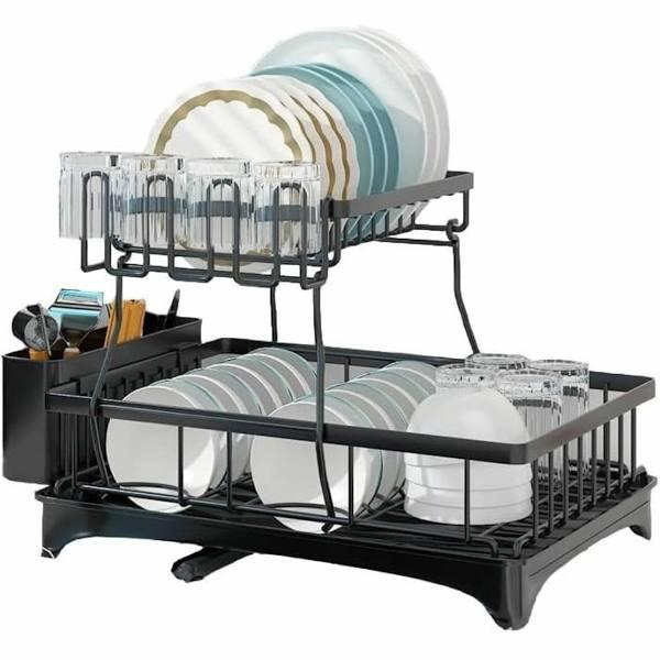 GOMINIMO 2 Tier Dish Drying Rack With Drain Board and Drip Tray Kitchen Counter