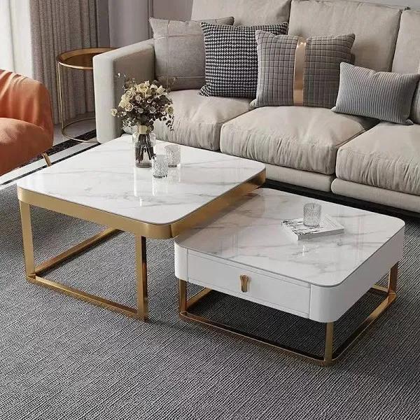 Diamonds-Home-Furniture Daniel Marble Coffee Table Set with Storage/Ceramic Top/Steel Frame/Gold Legs