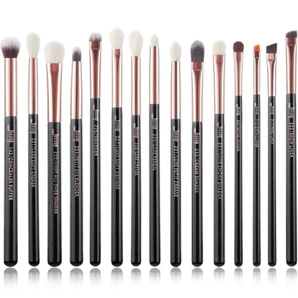 Jessup 15pcs Professional Makeup Brushes Set Make Up Brush Tools Kit Eye Liner Shader Wood Handle Natural-Synthetic Hair Brushes Pearl Black/Rose