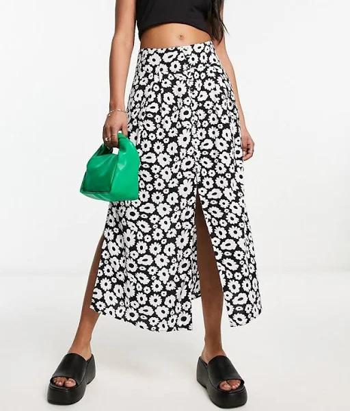 ASOS Design Button Through Midi Skirt With Split in Mono Daisy print-Multi